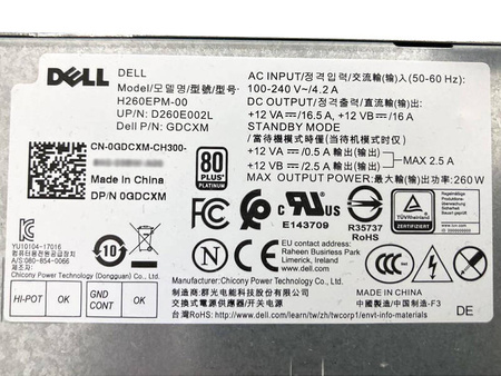 Zasilacz Dell H260EPM-00 260W (0GDCXM) Dell Optiplex 3060/3070/5060/5070/7060/7070 MT; Precision 3430 SFF