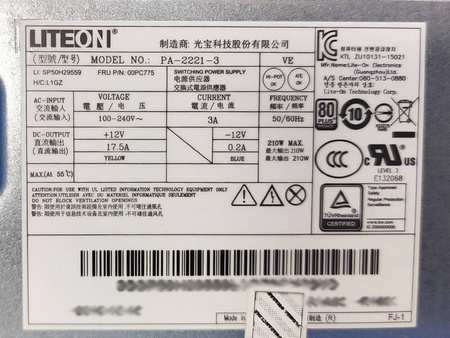 Zasilacz Lenovo LITEON PA-2221-3 210W (np. 54Y8941 / 00PC775) Lenovo ThinkCentre M700 M800 M900 SFF; ThinkStation P310 SFF