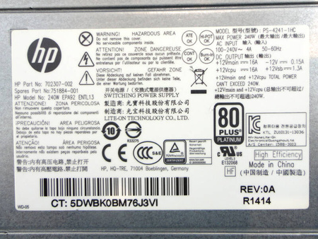 Zasilacz HP PS-4241-1HC 240W (np. 702307-002) HP 400 600 800 G1 SFF; Z230 SFF Workstation