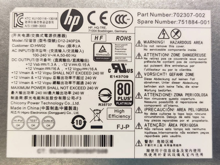 Zasilacz HP D12-240P2A 240W (np. 702307-002) HP Z240 SFF Workstation; HP 400 600 800 G1 SFF